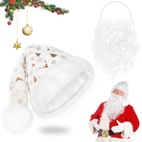 Qichan Weihnachtsmütze, Weiß Nikolausmütze und Weihnachtsmann Bart,...