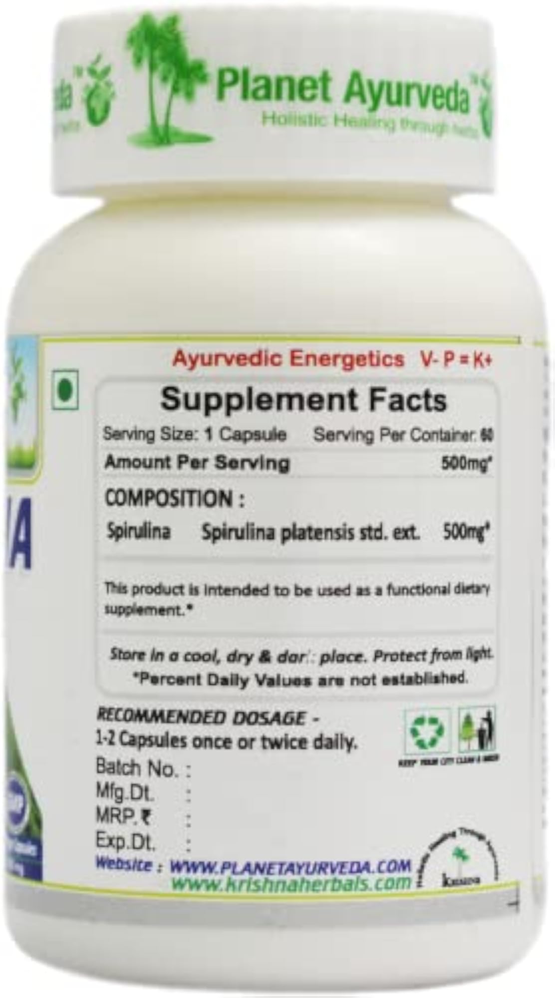 Spirulina Capsules for Weight Management, 60 Count
