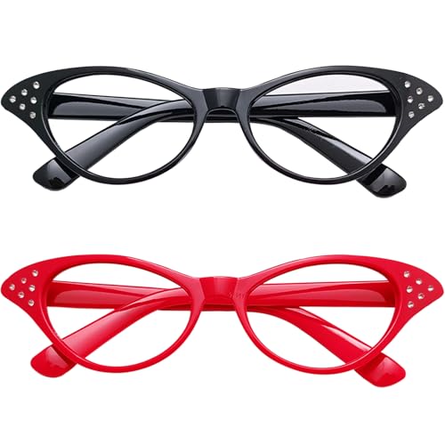 CiviLight Cat Eye Glasses with Rhinestones Halloween Dress up Accessories Retro 50s 60s Party Costume Glasses (Red Black)