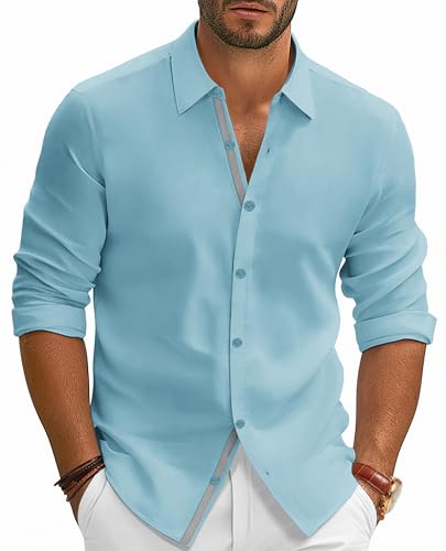 PJ PAUL JONES Men's Long Sleeve Dress Shirt Casual Button Down Untuckit Shirts Regular Fit for Wedding Blue 2XL