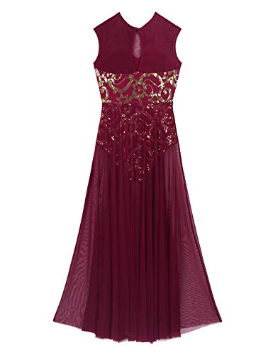 JanJean Womens Lyrical Floral Sequin Tank Leotard Maxi Dress Contemporary Ballet Dance Dress Wine_Red XL - Thumbnail 6