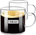 PARACITY Effacer la tasse de café 14oz, Ensemble de tasses à café 2, Grandes tasses à café en verre avec poignée, tasses de thé en verre pour boissons chaudes/froides, Latte, Cappuccino, Thé, Jus et bière