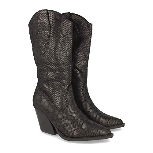 Bota para Mujer, con Tacon, Comodas, de Punta Fina, Estampado de Estilo Serpiente, y Cierre de Cremallera, Otono Invierno 2020. Talla 37 Negro