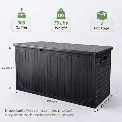 Image of 300 Gallon Outdoor Storage Deck Box, Extra Large Waterproof Resin Storage Box for Patio Cushions, Garden Tools, Pool Supplies, Outdoor Furniture Accessories, Black