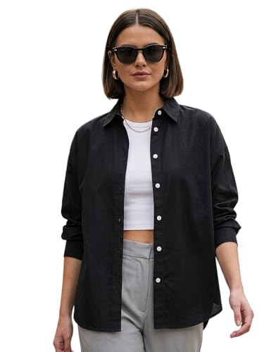 Image of Urbano Fashion Women's Cotton Full Sleeve Oversized Fit Casual Solid Slub Shirt with Spread Collar