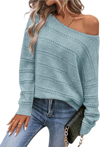 Image of Women's Sweater Soft Boat Neck Long Sleeve Oversized Sweaters Crochet Pullover Knit Tops