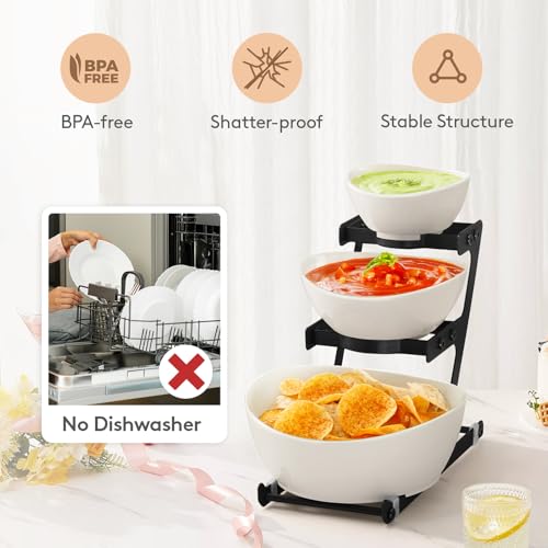 Lifewit 3 Tier Plastic Serving Bowls with Metal Stand, Chips and Dip Serving Tray Set for Entertaining Party, Crack-Proof Serving Platters for Fruit/Salad/Snack/Dessert Appetizer/Candy, Black - Image 4