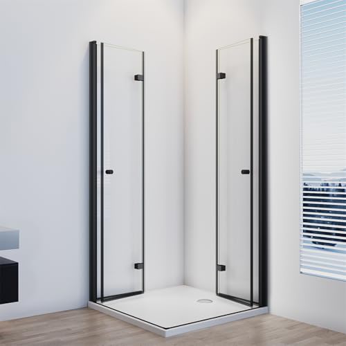 IMPTS Duschkabine Eckeinstieg Schwarz 70X90 cm Doppelt Falttür Falttürkabine Duschtür Faltbar Dusche Duschabtrennung 6mm ESG Glas, Höhe 185 cm