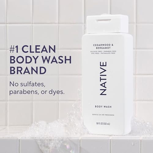 Image of Native Clean Body Wash, Gentle & pH-balanced for Sensitive Skin, 24-Hr Freshness for Men & Women, Vegan & Cruelty-Free, Free of Sulfates & Parabens, Cedarwood & Bergamot, 18 fl oz