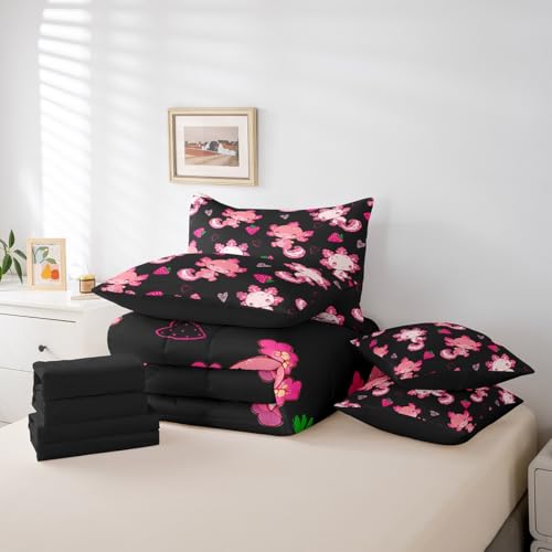 Image of Feelyou Kids Cute Axolotl Bed in A Bag Twin Size, Strawberry 7 Pieces Bedding Set Boys Girls Kawaii Ocean Sealife Comforter Set with Sheets Cartoon Fruit Teens Bed Set 7Pcs