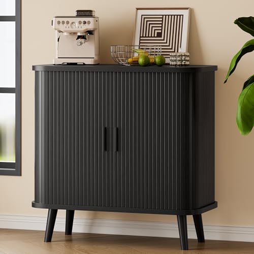 Sideboard Buffet Cabinet with Sliding Door, 31.5' Wide Fluted Modern Accent Storage Cabinet with Adjustable Shelves, Wood Coffee Bar Buffet Console Table for Kitchen, Dining Room, Living Room, Black