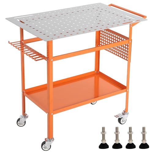 Image of 36x24in Welding Table 800LBS Mobile Workbench with 4 Wheels & Fixed Base | Movable Steel Work Bench with Side Pegboard, Hooks, Storage Tray, for Garage Workshop, Welding, Assembly and Repair