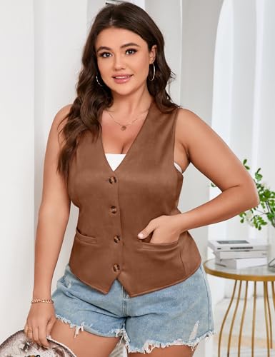 ShopWonder Womens Plus Size Button Vintage Vests Jacket V-Neck Faux Suede Cardigan Outerwear With Pockets4