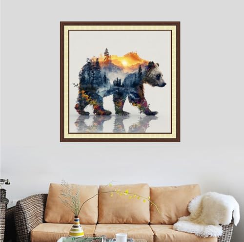 Image of DMCVIVR Stamped Cross Stitch Kits for Beginners Adults Needlepoint Kits for Beginners Embroidery Kits for Adults Crossstitch Kit for Beginners 11CT-Abstract Forest Bear 18x18 inch