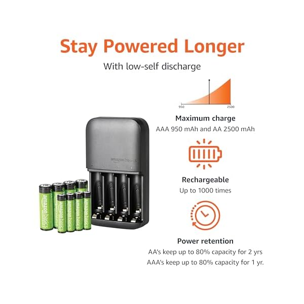 Amazon Basics NiMh Rechargeable Batteries (4 AA & 4 AAA) with 4 Bay Battery Charger, Type A (American) Plug, Black, 8 Count - Image 3