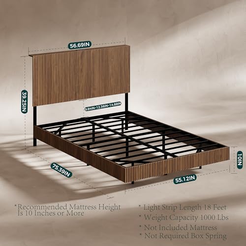 Image of Evermagin Walnut Full Floating Bed Frame with Headboard | Mid Century Modern Fluted Platform Bed with LED Lights, Heavy Duty Bedframe with Charging Station, No Box Spring Needed