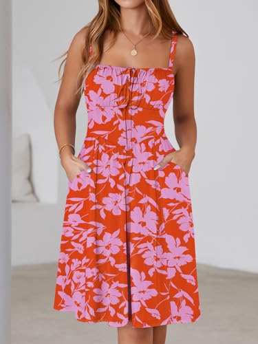 Image of YATHON Summer Mini Corset Sun Dress for Women Short Casual Square Neck Lace Up Floral Beach Vacation Dresses with Pockets