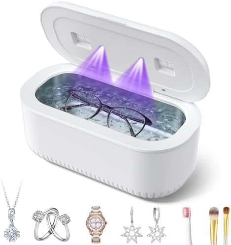 48Khz Ultrasonic Jewelry Cleaner, 30W Ultrasonic Cleaner with 2 UV Lights and Dual Brush Ports, 3 Modes Jewelry Cleaner Ultrasonic Machine with Digital Timer, 12OZ Pod for Eyeglasses, Rings, Retainer