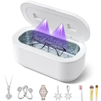 48Khz Ultrasonic Jewelry Cleaner, 30W Ultrasonic Cleaner with 2 UV Lights and Dual Brush Ports, 3 Modes Jewelry Cleaner Ultrasonic Machine with Digital Timer, 12OZ Pod for Eyeglasses, Rings, Retainer
