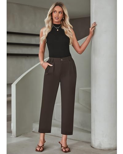GRAPENT Capri Dress Pants for Women High Waisted Pleated Lightweight Straight Leg Elastic Wasit Crop Trousers Work Pants - Image 6