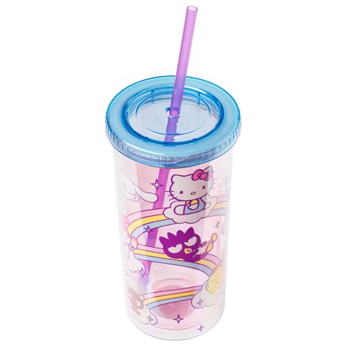 Image of Silver Buffalo Hello Kitty FRIENDS Rainbows Clouds, Plastic Cold Cup, 20oz | Tall, Includes Lid and Straw, Sanrio, 0.59 Liters