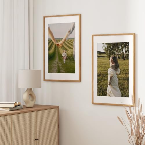 Image of FLYJOE 20x30 Oak Wood Picture Frame with Mat for 16x24, 20 by 30 USA-Sourced Natural Solid Wooden Poster Frame for Wall Display, Tempered Real Glass, Hanging Hardware Included, 1 Pack, Natural