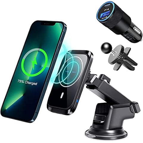 Magnetic Car Charger Mount, REOKILY Auto-Alignment Fast Wireless Mag-Safe Car Charger Air Vent Phone Holder Compatible with iPhon.e 12/13/14 Pro Max/Pro/Mini(2022 Newest Upgrade, with PD 18W Adapter) Cover