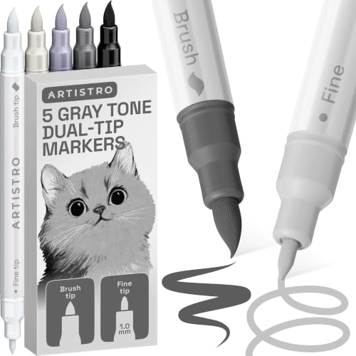 Image of ARTISTRO 5 Gray Tones Dual-Tip Acrylic Paint Marker Pens for Drawing | For Fabric, Rock, Glass, Wood, & Molds, Arts & Crafts Gift for Adults, Teens, & Kids, Classroom Must Haves & School Supplies