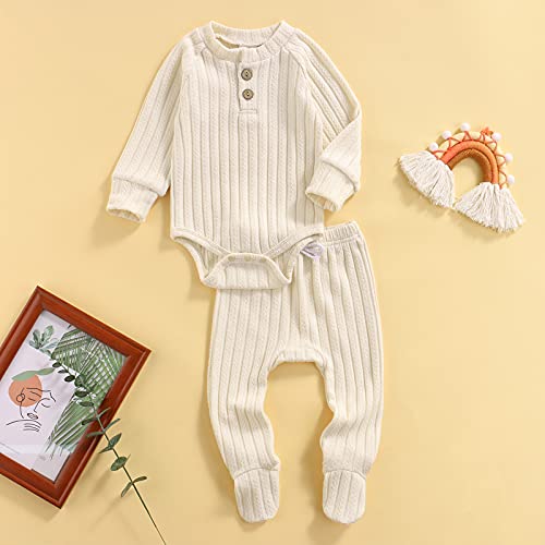 Qiylii 2 Piece Newborn Baby Girls Boys Clothes Sets Infant Solid Color Knit Cotton Romper Tops Pant Footies 0-18M (Beige, 0-3 Months) #TOP5