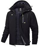 Tyhengta Outdoor Jacke Herren Wasserdichte Skijacken Winter Fleece Mäntel Thermo Camping Angeljacken mit Reißverschlusstaschen Schwarz,L