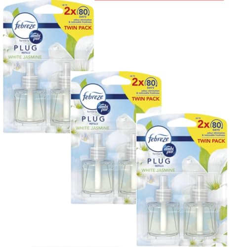 Febreze Ambi Pur Air Freshener Plug-in Refills, Mega Pack, Pack of Two, 6 x 20ml, White Jasmine Scent