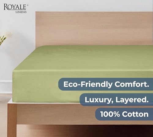 Image of Royale Linens 100% Organic Cotton Fitted Sheet - Percale Weave - Super Soft Deep Pocket Bottom Sheets - Sage Green Elastic Sheet Twin XL Size - Twin XL Fitted Sheets Only - (39 inchx80 inch+15 inch, Sage Green)