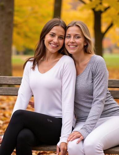 Wayleb Camiseta Térmica Mujer Manga Larga Cuello en V Ajustada Elástica con Agujeros para Los Pulgares Tops Deportivo de Invierno para Running y Gym