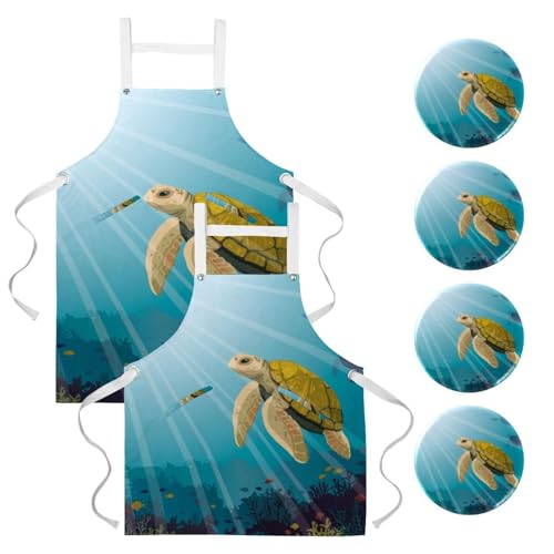 Lot de 2 tabliers de cuisine Tortue de natation, l'accessoire chic et lavable pour passionnés