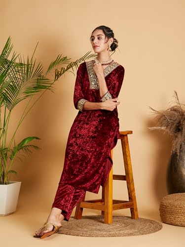 Image of Women's Velvet Floral Embroidered Straight Kurta | Round Neck Three-Quarter Sleeve Calf Length Kurti with Thread Work