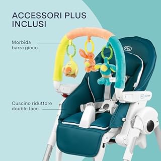 Peg Perego Prima Pappa Follow Me Plus - Seggiolone e Sdraietta Neonato, Dalla Nascita, Regolabile in Altezza, 4 Ruote, Barra Gioco, Doppio Vassoio, Rivestimento Ecopelle, Chiusura Compatta, Petrolio