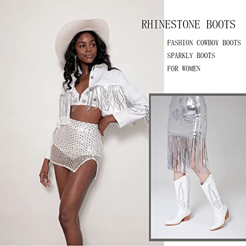 Erocalli White Cowgirl Knee High Boots Cowboy Rhinestone Boot For Women Shiny Sequins Embroidery Western Mid Calf Fashion Stacked Heel Boots #TOP4