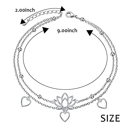 Image of Flyow Anklet for Women S925 Sterling Silver Adjustable Foot Beaded Heart Charm Ankle Bracelet Anklets Jewelry