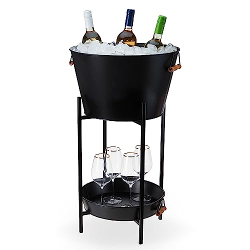 Twine Black Beverage Tub with Collapsible Stand, Large Metal Bucket and Tray, Ice Drink Buckets with Acacia Wood Handles for Parties, 3-Piece Set