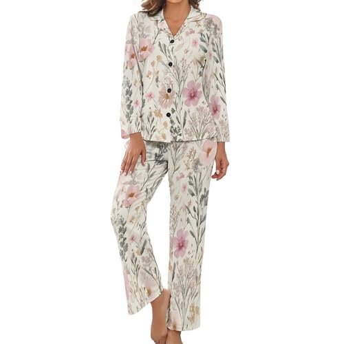 Pyjama imprimé campagne élégante florale de 2 pièces pour femme avec haut à manches longues
