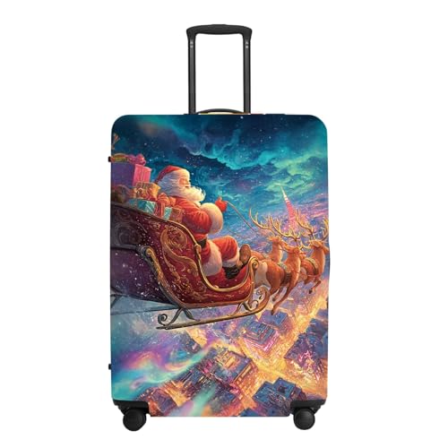 Image of Northern Lights Luggage Cover - Santa's Sleigh Flying Over City Under Aurora, Magical Stretchable Suitcase Protector 24 26 Inch