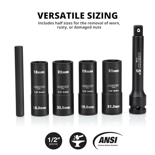 Image of NEIKO 02290B Lug Nut Socket Set, 1 /2 inch Impact Thin Wall Flip Socket Set, Half Size Wheel Socket Set, Metric 6 Point, 5 inch Extension Bar & Knockout Bar, 18.5mm, 19.5mm, 21.5mm, and 22.5mm