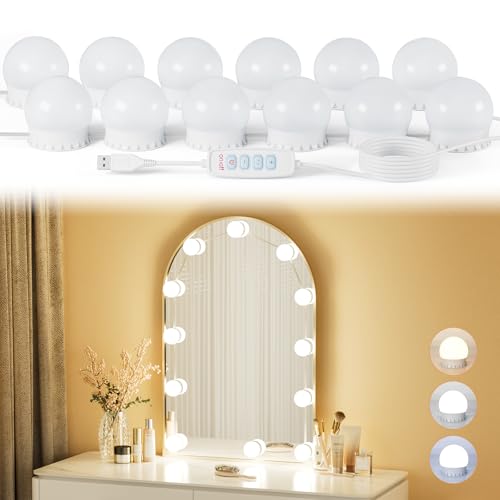 Yarnock 12 Bulbs LED Vanity Lights for Mirror, 3000K 4000K 6500K & 10-Brightness, Wire Length Adjustable, USB Cable, Hollywood Mirror Lights for Makeup Dressing Room Bathroom, White