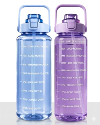 Image of Motivational Water Bottle 2 Litre with Time Marker | Leak Proof BPA Free Gym Bottle | Sports Drinking Bottle with Straw & Handle for Office, Gym, School (BLUE & PURPLE)