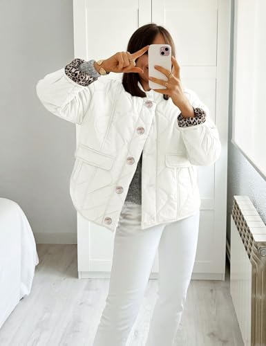 Flygo Women's Casual Quilted Puffer Jacket Leopard Lined Collarless Cropped Button Down Winter Warm Lightweight Bomber Coat4