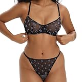 BoldBeauty Lingeries Sets for Women Cute Lace Matching Bra and Panty Push Up Strappy See Through Bar Set 2 Pieces (Black,M)