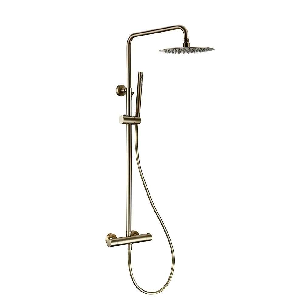CWCQGH Thermostatic Shower Set Brushed Gold Faucet Brass Temperature Bathroom Mixer Tap Rain Head Wall-Mount Handheld Sprayer,Sprinkler,Gold-12Inch