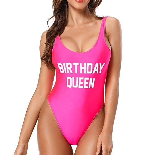 Dixperfect Baywatch-Inspired One Piece Swimsuit with High Cut and Low Back for Women (XL, HOT Pink-Birthday Queen)
