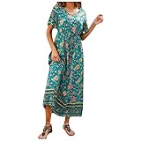 Maxi Dress for Women,2022 V-Neck Ethnic Print Boho Long Dress Summer Casual Short Sleeve Party Club Prom Dress Vintage Traditional Classy Trendy Elegant Sexy Flowy Romantic Dress(D Green,Medium)