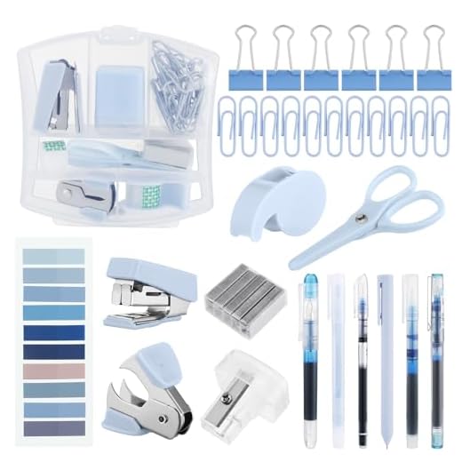 Colarr Mini Office Supply Kit Include Stapler Tape Dispenser Staple Remover Paper Clip Scissor Staple Pen Sharpener Note Small Telescopic Knife for Office Back to School Supplies Student Clerk(Blue)